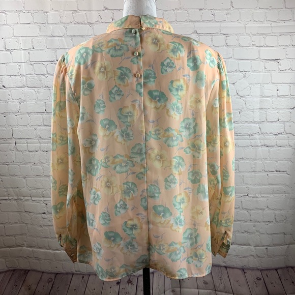 VINTAGE PERSONAL II Blouse Sheer Style with Long Sleeves Peach Floral Design - Picture 9 of 16